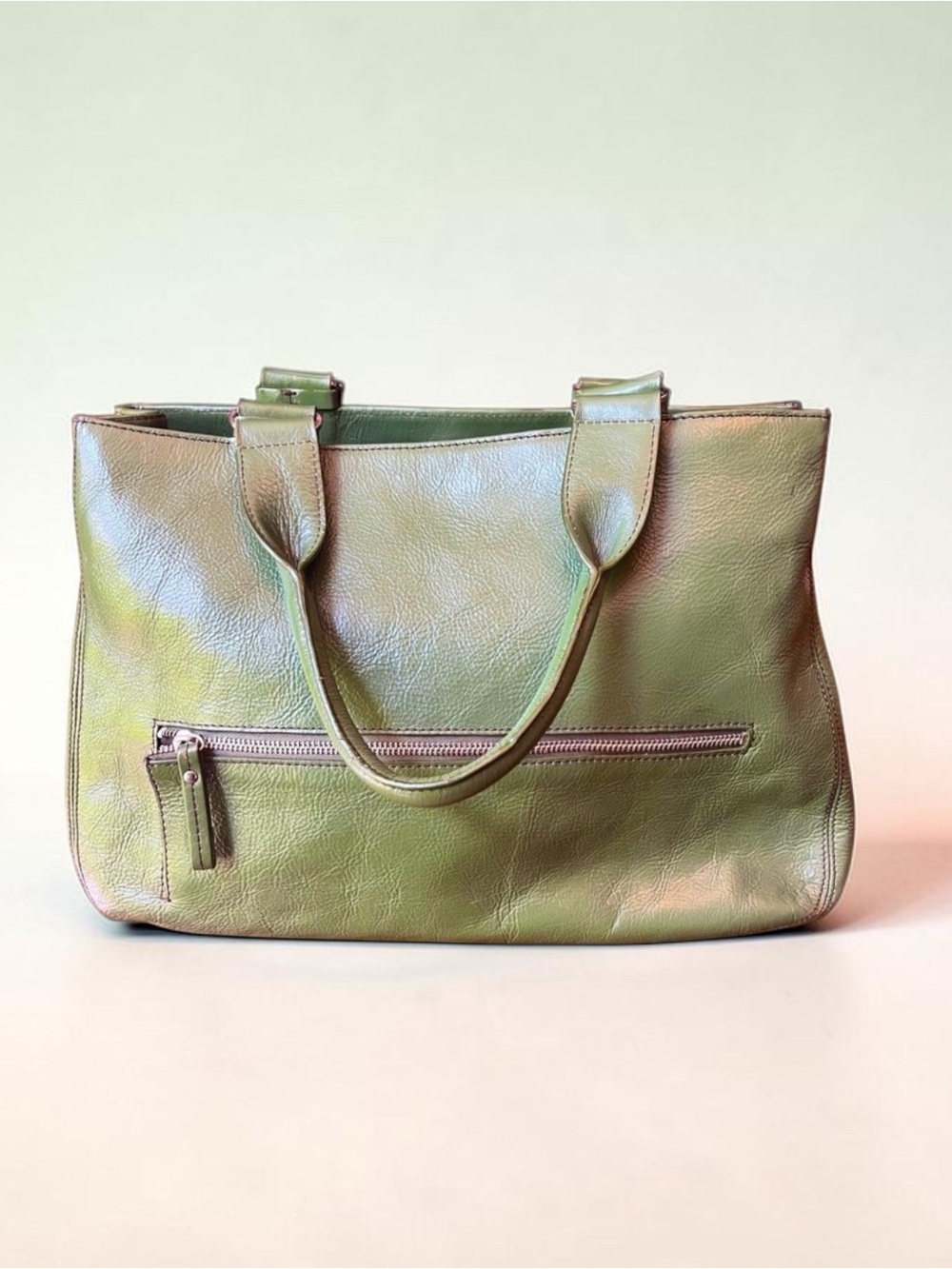 Kenneth Cole Vintage Forest Green Leather Tote w/Steve Madden Floral Pouch (EUC)
